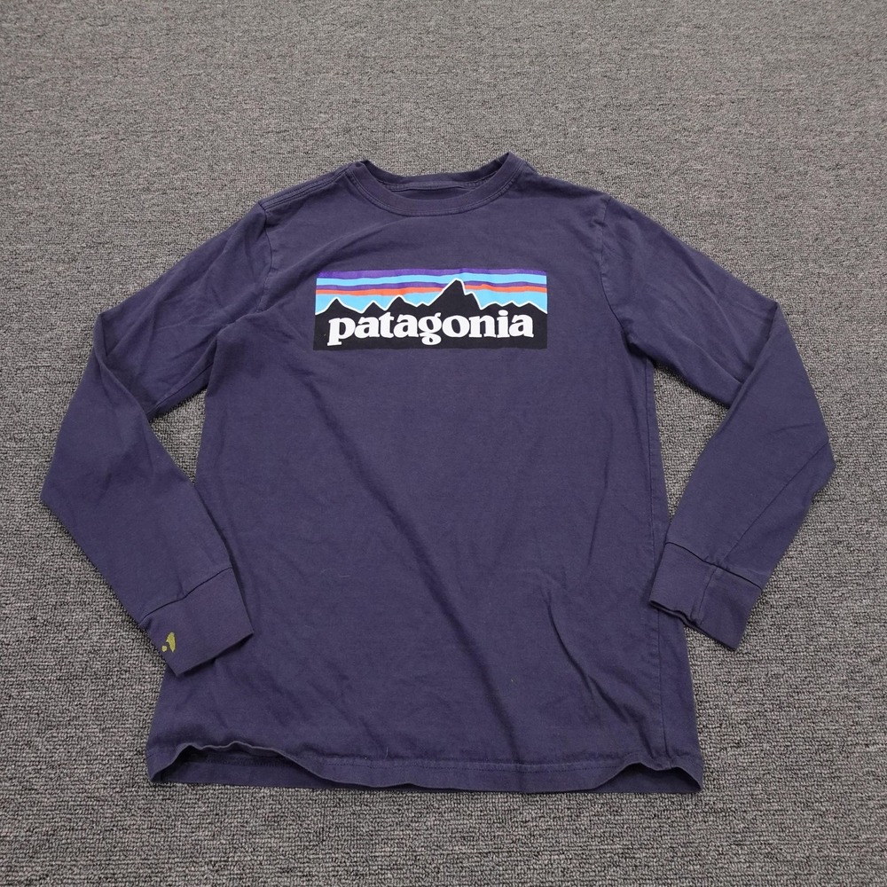 Patagonia Shirt Youth 10 Blue Long Sleeve Logo Graphic Tee Organic Cotton
